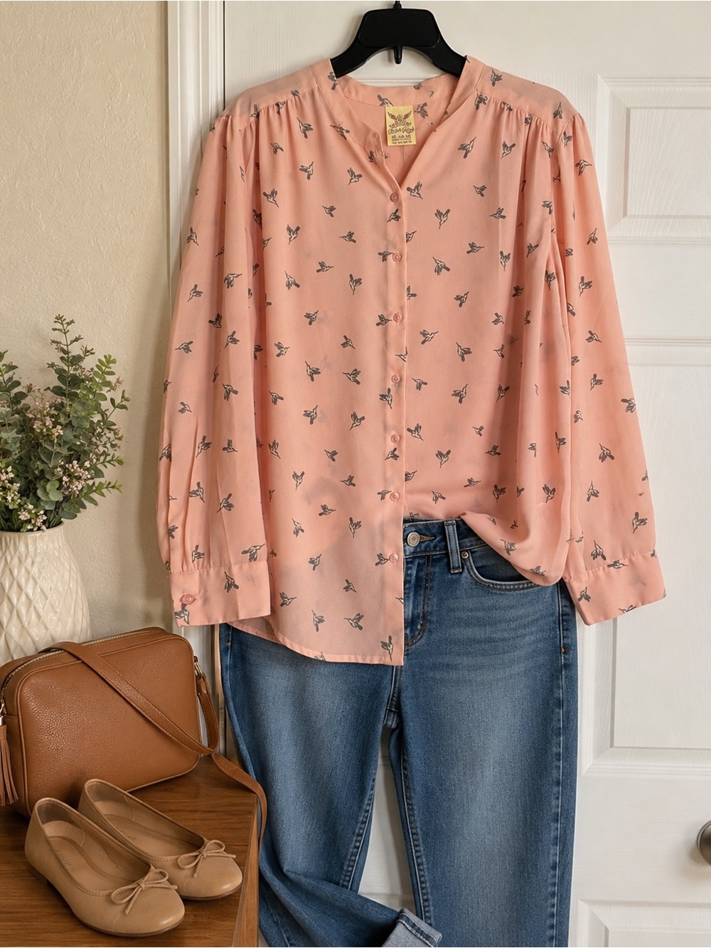 Faded Glory Pink Button-Front Blouse with Bird Motif
